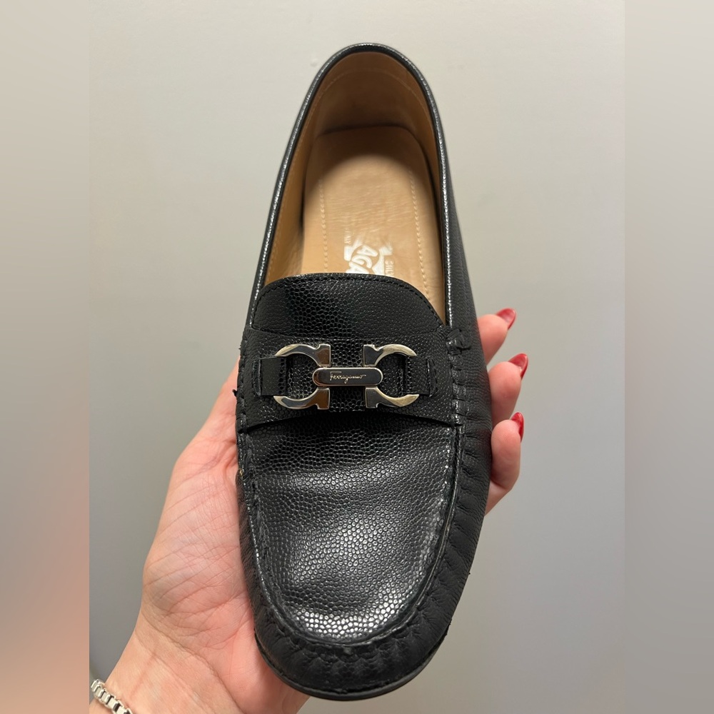 Salvatore Ferragamo Black Loafers with Silver Accent
